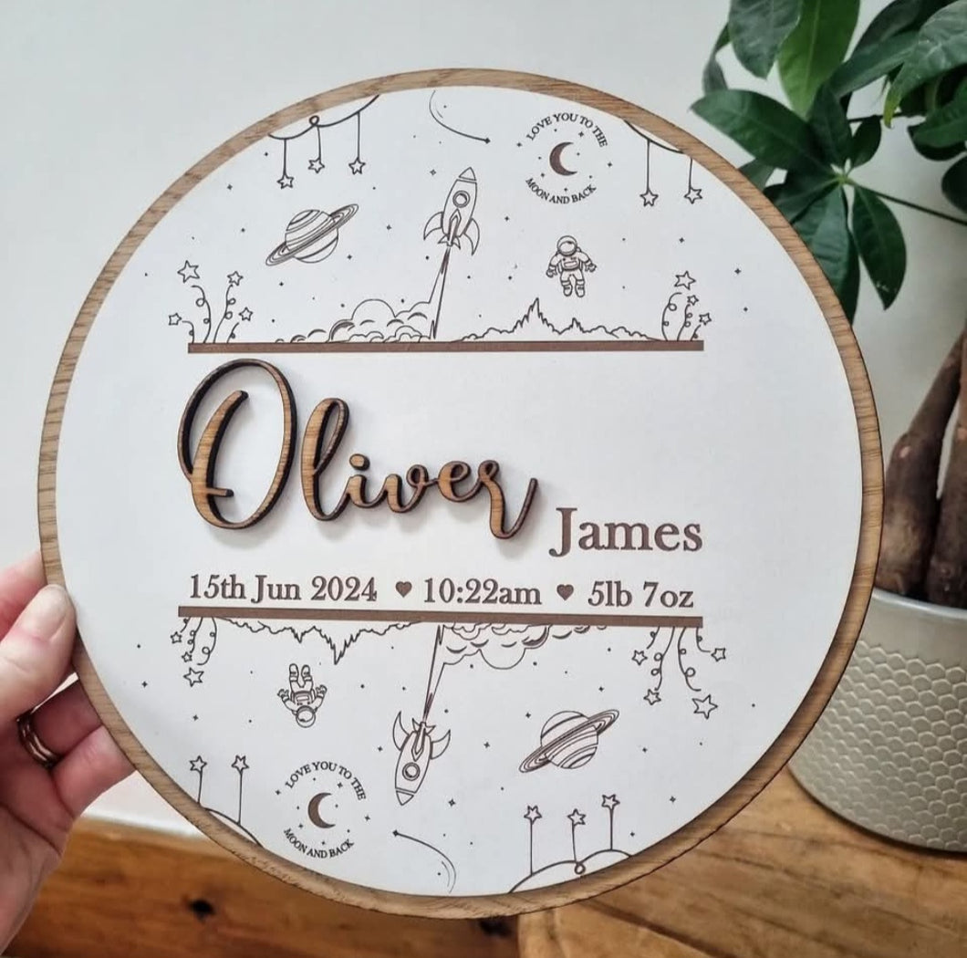 Personalised Baby Birth Outer Space Oak Sign